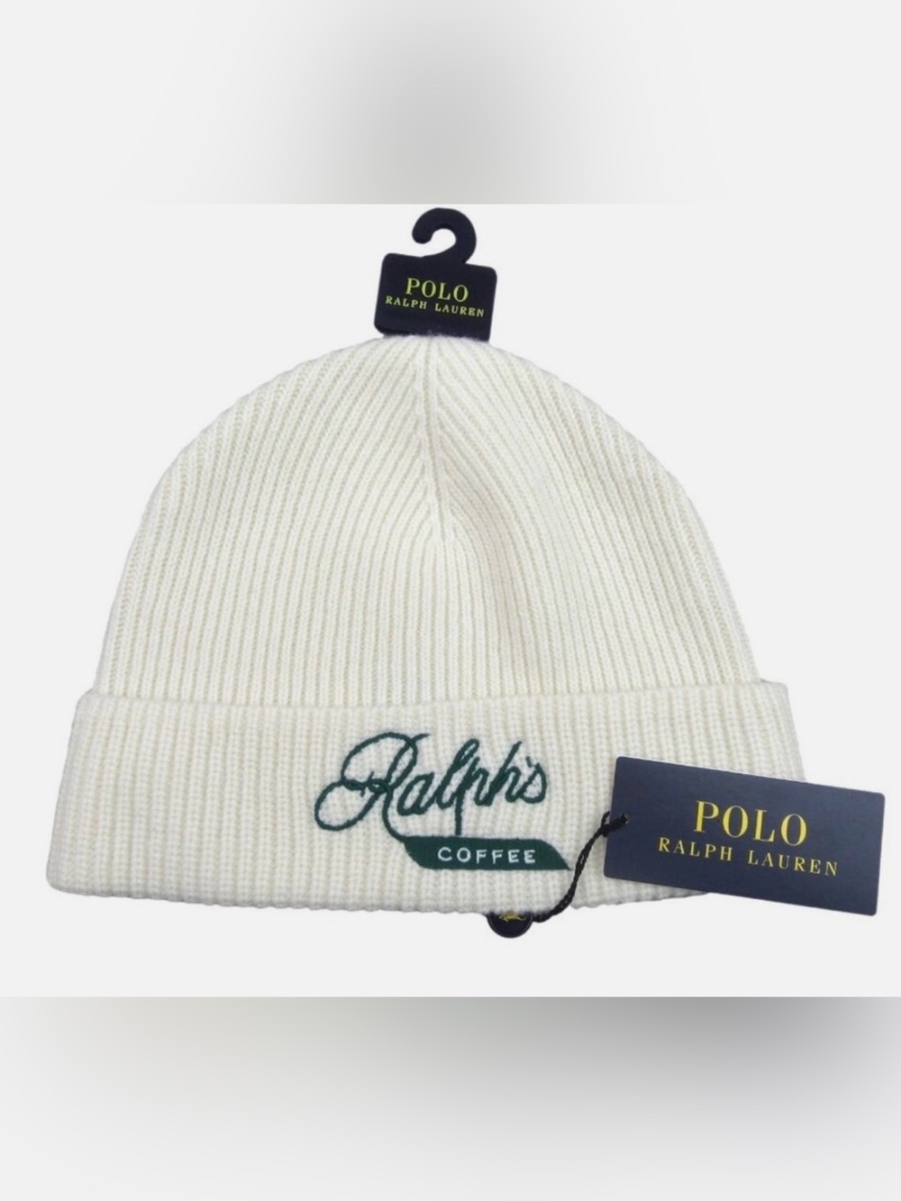 NWT Polo Ralph Lauren Cream RALPH’s COFFEE Ribbed Knit Beanie Cap Hat